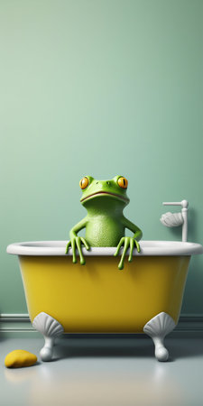 Little Green Froggy in Bathtub on Solid Background. Generative AI. high quality illustrationの素材