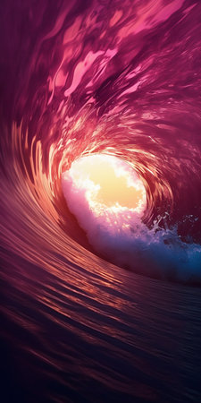 Closeup Look of Ocean Waves Tube in Dark Purple Sunset with Sun Inside Wave. Generative AI. high quality illustrationの素材