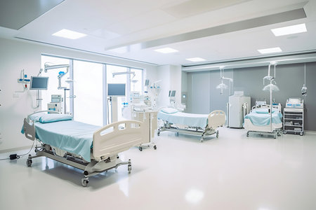 Clean Modern Bright Patients' Hospital Room Interior with Beds. Generative AI. high quality illustrationの素材