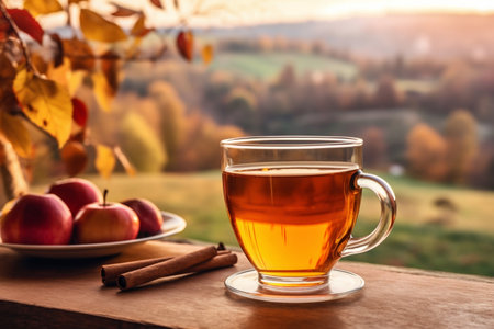 Hot Cup of Apple Cider on a Wooden Table, with a Backdrop of a Window Overlooking an Autumn Landscape. Generative AI. high quality illustrationの素材