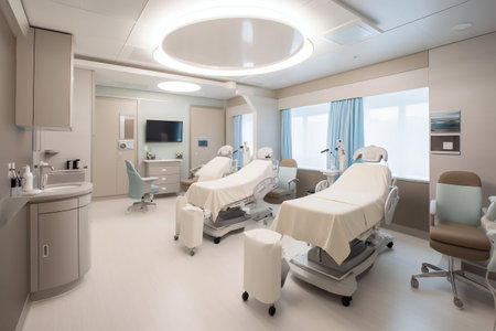Clean Modern Bright Patients' Hospital Room Interior with Beds. Generative AI. high quality illustrationの素材