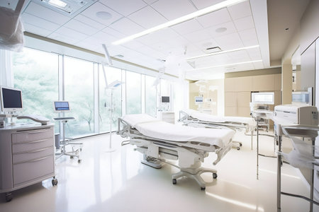 Clean Modern Bright Patients' Hospital Room Interior with Beds. Generative AI. high quality illustrationの素材