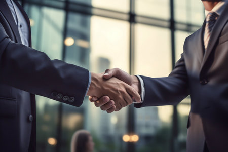 Businessman Shaking Hands with a New Partner in Modern Office. Generative AI. high quality illustrationの素材