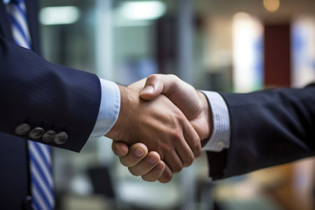 Businessman Shaking Hands with a New Partner in Modern Office. Generative AI. high quality illustrationの素材