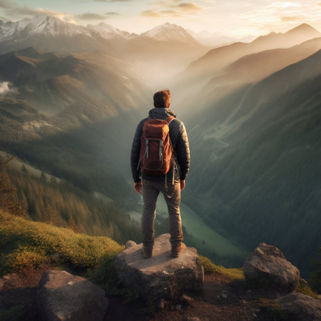 Backpacker Standing on Top of a Mountain, Looking Out Over a Breathtaking Landscape. Generative AI. high quality illustrationの素材