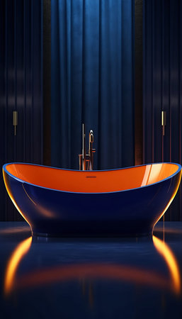 Modern Navy Blue and Orange Bathtub. Generative AI. high quality illustrationの素材