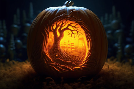 Halloween Carved Pumpkin Glowing in the Darkness. Generative AI. high quality illustrationの素材