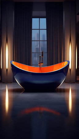 Modern Navy Blue and Orange Bathtub. Generative AI. high quality illustrationの素材