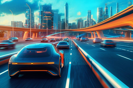 Highway Bustling with Autonomous Electric Vehicles. Generative AI. high quality illustrationの素材