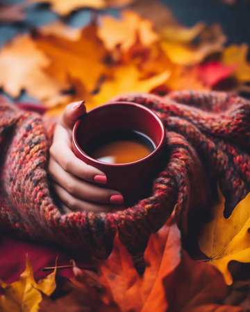 Person's Hands Holding a Mug of Steaming Hot Beverage Amidst a Backdrop of Fall Foliage. Generative AI. high quality illustrationの素材