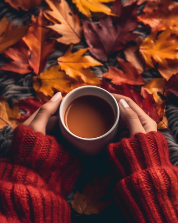 Person's Hands Holding a Mug of Steaming Hot Beverage Amidst a Backdrop of Fall Foliage. Generative AI. high quality illustrationの素材