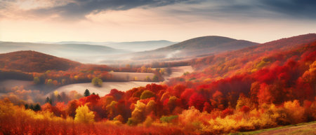 Panoramic View of Colorful Autumn Foliage Blanketing Rolling Hills and Valleys. Generative AI. high quality illustrationの素材