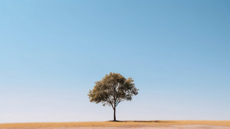 Minimalistic Outdoor Scene Featuring a Solitary Tree Against a Clear Blue Sky. Generative AI. high quality illustrationの素材