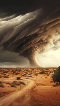 Huge Tornado Hits the Desert Landscape with Great Force. Generative AI. high quality illustrationの素材
