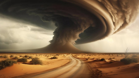 Huge Tornado Hits the Desert Landscape with Great Force. Generative AI. high quality illustrationの素材