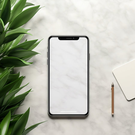 Blank Smartphone Screen on a Marble Table with Office Stationeries Beside It. Generative AI. high quality illustrationの素材