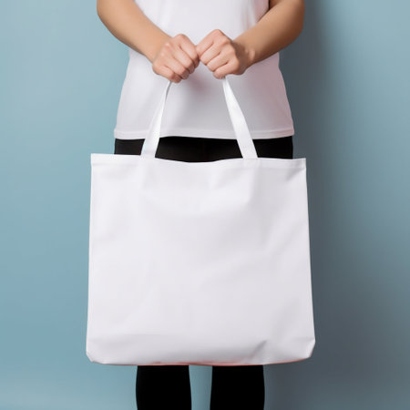 Person Hand Holding a White Blank Tote Bag in Front of a Minimal Background. Generative AI. high quality illustrationの素材