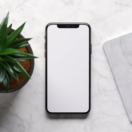 Blank Smartphone Screen on a Marble Table with Office Stationeries Beside It. Generative AI. high quality illustrationの素材