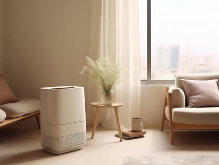 Air Purifier in a Minimalist Style Soft Light Living Room Interior. Generative AI. high quality illustrationの素材