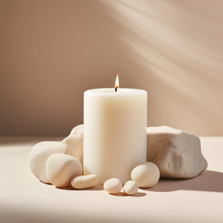 White Candle on a Clean Light Beige Minimal Background with Stones. Generative AI. high quality illustrationの素材