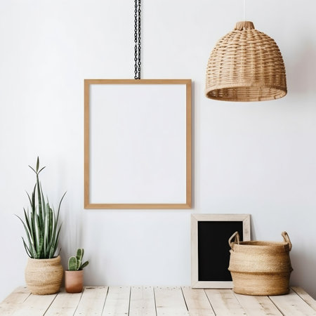 Empty Hanging Blank Picture Frame in Interior, Warm Summer Boho Style. Generative AI. high quality illustrationの素材