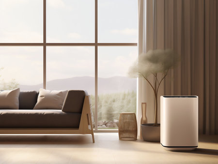 Air Purifier in a Minimalist Style Soft Light Living Room Interior. Generative AI. high quality illustrationの素材