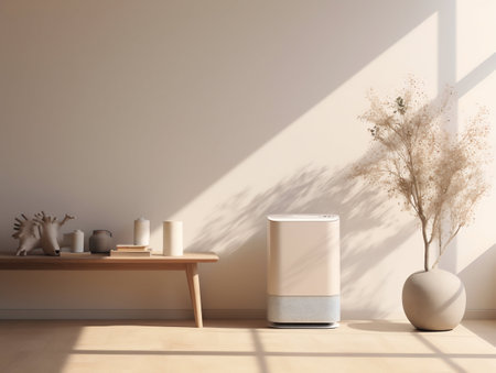 Air Purifier in a Minimalist Style Soft Light Living Room Interior. Generative AI. high quality illustrationの素材