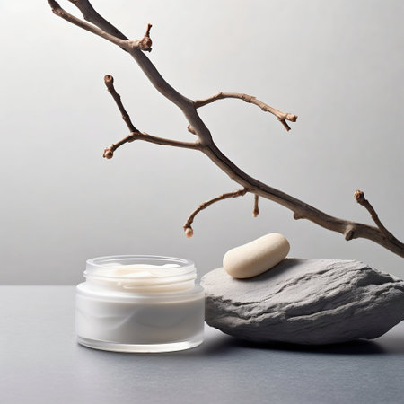 White Skin Cream Jar Product with Stone and Branch on a Clean Light Gray Background. Generative AI. high quality illustrationの素材