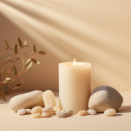 White Candle on a Clean Light Beige Minimal Background with Stones. Generative AI. high quality illustrationの素材