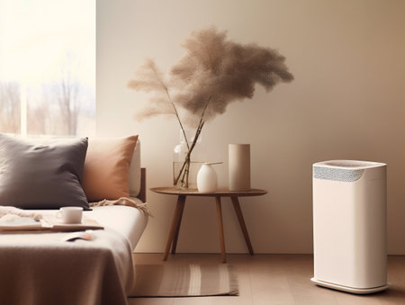 Air Purifier in a Minimalist Style Soft Light Living Room Interior. Generative AI. high quality illustrationの素材
