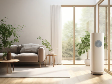 Air Purifier in a Minimalist Style Soft Light Living Room Interior. Generative AI. high quality illustrationの素材