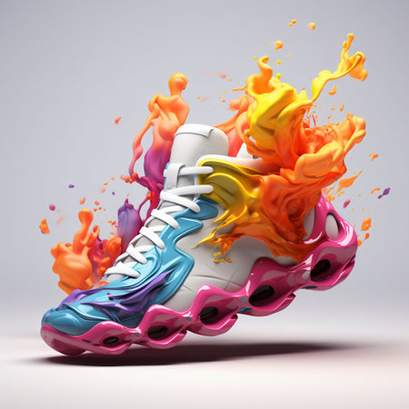 3D Colorful Sneaker Shoe Splashed with Colored Liquid on White Background. Generative AI. high quality illustrationの素材