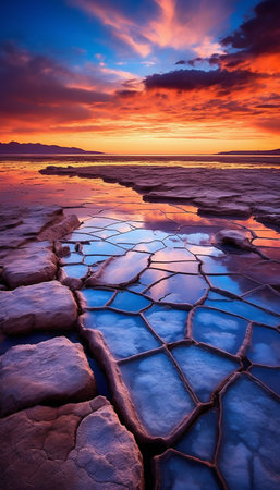 Bolivia Salt Lake Reflections on Crystalline Surface at Sunset. Generative AI. high quality illustrationの素材