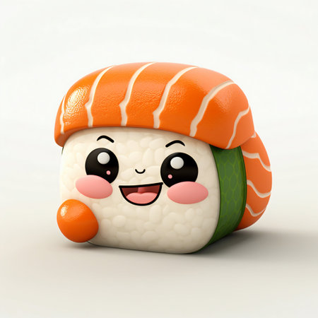 Cute Cartoon Sushi on White Background. Generative AI. high quality illustrationの素材