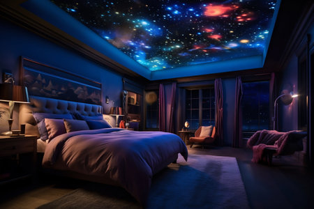 Bedroom Interior with a Starry Design on the Ceiling. Generative AI. high quality illustrationの素材