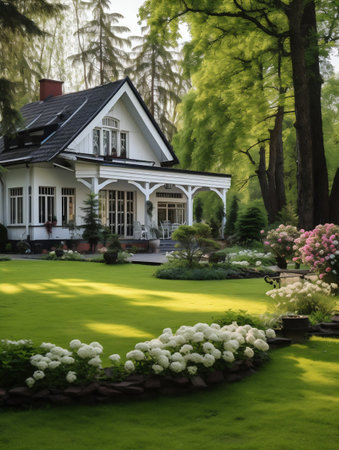 Pretty Cottage with a Large Lawn in Front of It. Generative AI. high quality illustrationの素材