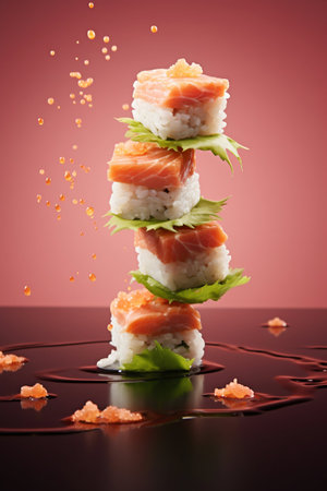 Close-Up of California Sushi Flying Levitation in the Air. Generative AI. high quality illustrationの素材