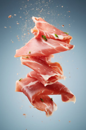 Close-Up of Prosciutto Flying in the Air, Levitation. Generative AI. high quality illustrationの素材
