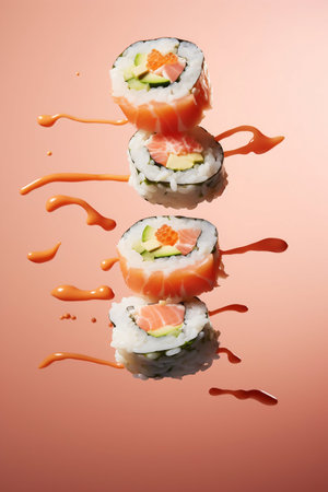 Close-Up of California Sushi Flying Levitation in the Air. Generative AI. high quality illustrationの素材