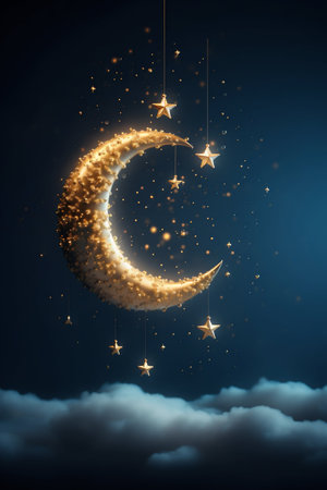 Moon Flying in the Air with Golden Stars. Generative AI. high quality illustrationの素材