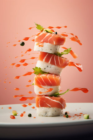 Close-Up of California Sushi Flying Levitation in the Air. Generative AI. high quality illustrationの素材