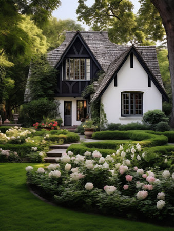 Pretty Cottage with a Large Lawn in Front of It. Generative AI. high quality illustrationの素材