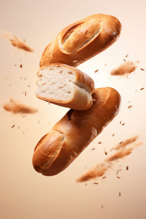 Close-Up of Long Loaves Flying in the Air, Levitation. Generative AI. high quality illustrationの素材