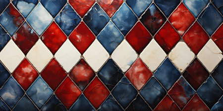 Ancient Patterned Mosaic in Red, White, and Blue. Generative AI. high quality illustrationの素材