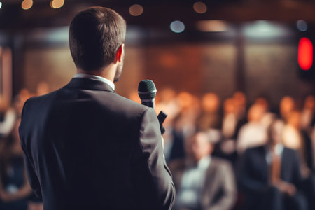 Businessman Giving a Speech on Stage during a Seminar. Generative AI. high quality illustrationの素材