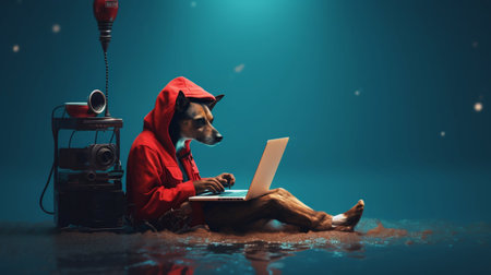 Dog Wearing a Red Hoodie Sitting at a Laptop. Generative AI. high quality illustrationの素材