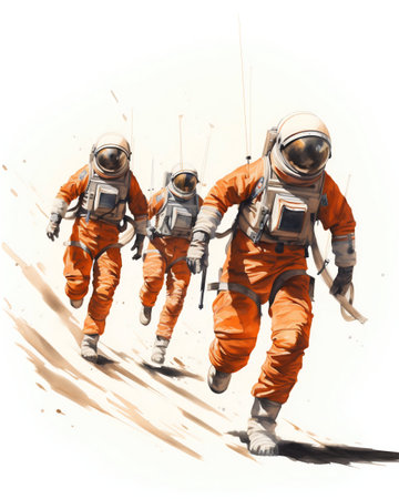 Group of Astronauts Wearing Orange and White Spacesuits Isolated on White Background. Generative AI. high quality illustrationの素材