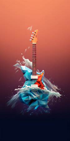 Abstract Guitar with Ocean Waves in Origami Style. Generative AI. high quality illustrationの素材