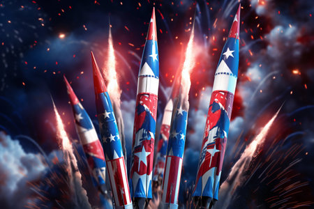 4th of July Rockets Celebration, Fireworks in USA in Patriotic Colors. Generative AI. high quality illustrationの素材