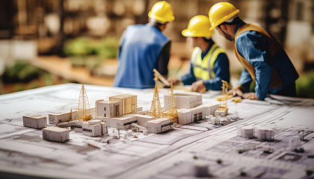 Construction Workers Discussing Plans on Site. Generative AI. high quality illustrationの素材